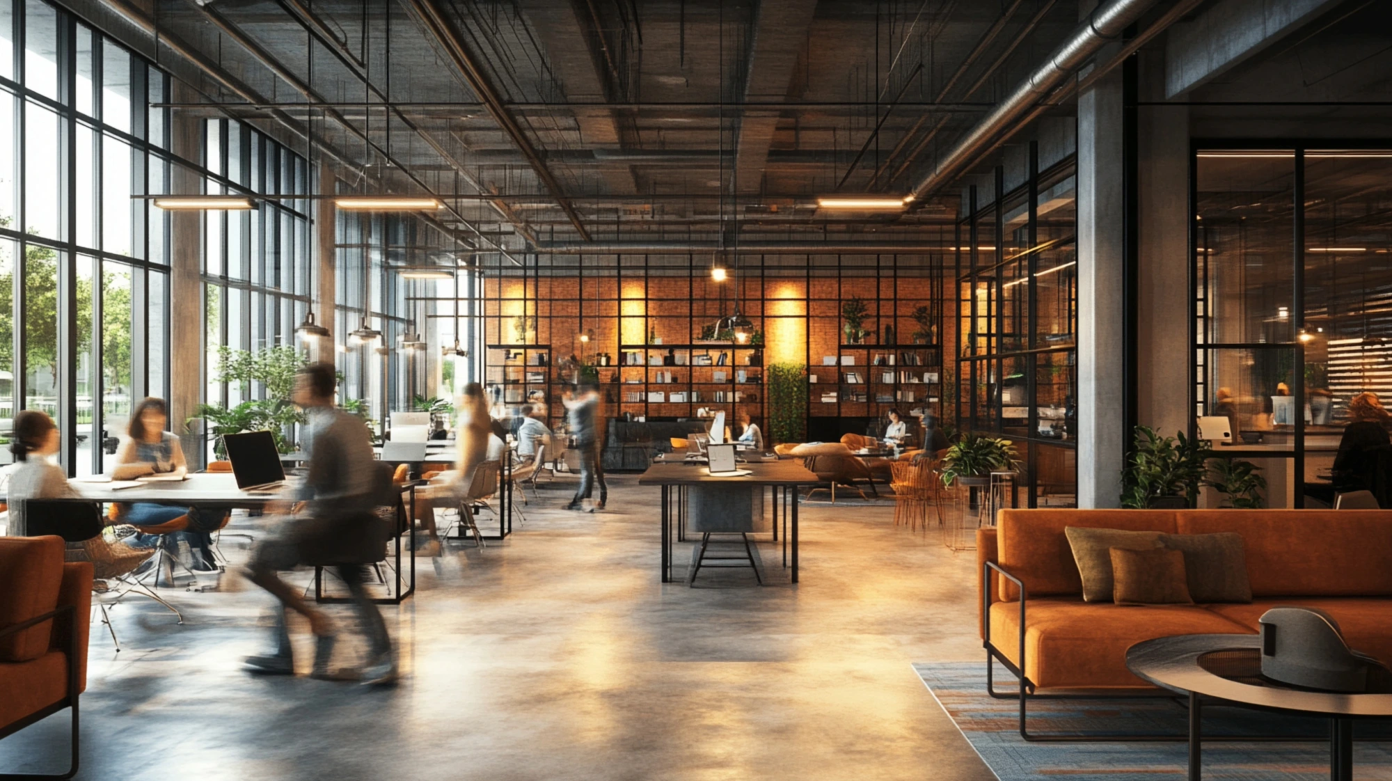 Modern open-plan office space with industrial design elements, featuring large windows, exposed ceiling, and a mix of workstations and lounge areas for collaborative work.